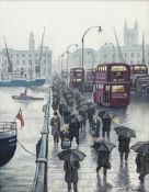 Steven Scholes (Northern British 1952-): 'Morning on London Bridge 1958', oil on board signed,