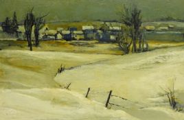 Margaret Parker (Northern British 1925-2012): Wolds Village Winter Landscape',