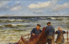 Robert Jobling (Staithes Group 1841-1923): Fishermen inspecting Nets in front of the Cod and