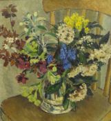 Modern British: Vase of Flowers on a Kitchen Chair, oil on board unsigned