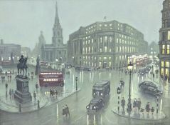 Steven Scholes (Northern British 1952-): 'Trafalgar Square London 1958', oil on board signed,