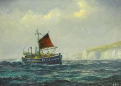 Jack Rigg (British 1927-): 'Lobstering' - Scarborough Fishing Boat off the Coast,