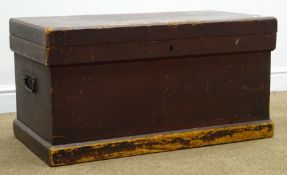 19th century stained pine blanket box, hinged lid, platform base, W87cm, H45cm,