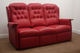 Three seat sofa upholstered in red leather (W175cm) and matching electric reclining armchair (This