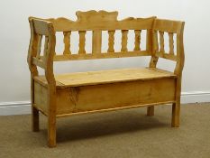 Solid pine bench, shaped cresting rail and splat, hinged seat lid, square supports, W120cm, H97cm,