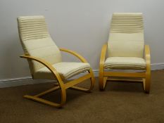 Pair Danish style lounge chairs, upholstered with a cream suede fabric,