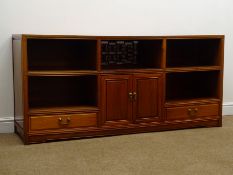 Chinese rosewood side cabinet, five shelves, two drawers flanking central cupboards, shaped arpron,