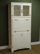 Vintage 1950's painted kitchen cabinet, two lead glazed doors above fall front with fitted interior,