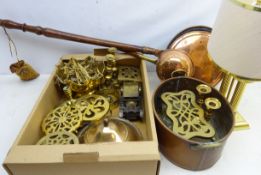 19th century and later brass trivets, two handled copper pan, copper warming pan, brass table lamp,