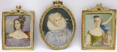 Bust Portraits of Ladies, three Edwardian miniatures on ivory, two signed Rene max 7cm x 5.