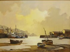 Moored Fishing Boats in Harbour, oil on canvas signed by Don Micklethwaite (British 1936-) 29.