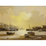 Moored Fishing Boats in Harbour, oil on canvas signed by Don Micklethwaite (British 1936-) 29.