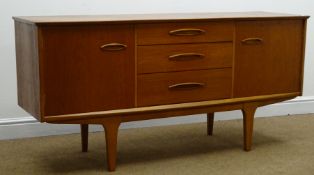 Vintage teak sideboard, three graduating drawers flanked by two cupboards, W152cm, H74cm,