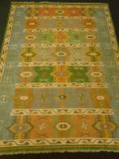 Large Indian Durries beige and green rug (255cm x 365cm) and similar runner (80cm x 297cm)