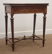 French style walnut marquetry fold over card table with leather inset, inlaid frieze,