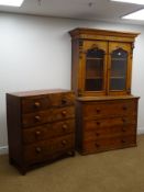 Victorian oak secretaire bookcase on chest, projecting cornice, two glazed doors,