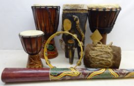 Collection of 20th century instruments; two African Kambala Percussions, Djembe,