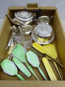 Two Art Deco silver-plate and guilloche enamel dressing table sets, two crystal tumblers,