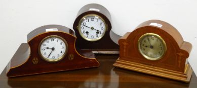 Edwardian inlaid mahogany cased mantel timepiece, silvered Arabic dial,