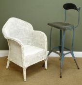 Industrial stool, shaped back rest, splayed supports (W38cm) and a wicker basket armchair,