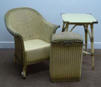 Lloyd Loom wicker armchair (W69cm) with a matching bedside table and laundry bin
