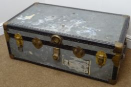 Victorian brass bound tin trunk, with remains of shipping labels,