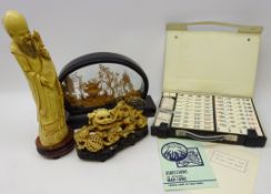 Chinese cork carved diorama in glazed display, L33cm, Ivory style Sage,