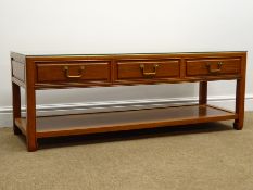 Chinese rosewood coffee table, three drawers, square supports joined by solid undertier, W127cm,