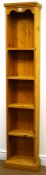 Solid open pine bookcase, projecting cornice, four shelves, plinth base, W38cm, H183cm,