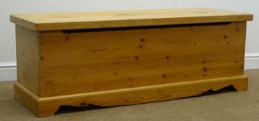 Solid pine chest, hinged lid, shaped apron, W137cm, H48cm,