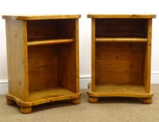 Pair solid pine bedside tables, shaped top, single shelf, bun feet, W52cm, H68cm,