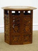 Early 20th century inlaid octagonal carved Eastern folding table, W49cm, H48cm,