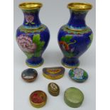 Pair 20th century Chinese Cloisonne vases H18cm, two Cloisonne boxes,