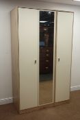 Oak and cream finish triple wardrobe, central full length mirror, on plinth base, W117cm, H197cm,