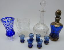 Bohemian blue overlay footed vase, Bohemian blue glass liquor set with white metal overlay,