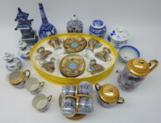 Chinese blue and white including tea bowl, bottle shaped vase, canister in the form of a Pagoda,