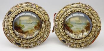 Early 20th century pair of shellwork pictures each of circular form with concentric bands of shells