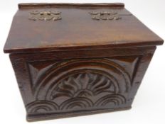 18th/ 19th century oak candle box, carved front with later mounts,