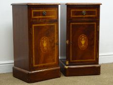 Pair Edwardian inlaid mahogany bedside cabinets, single drawer above cupboard door, plinth base,
