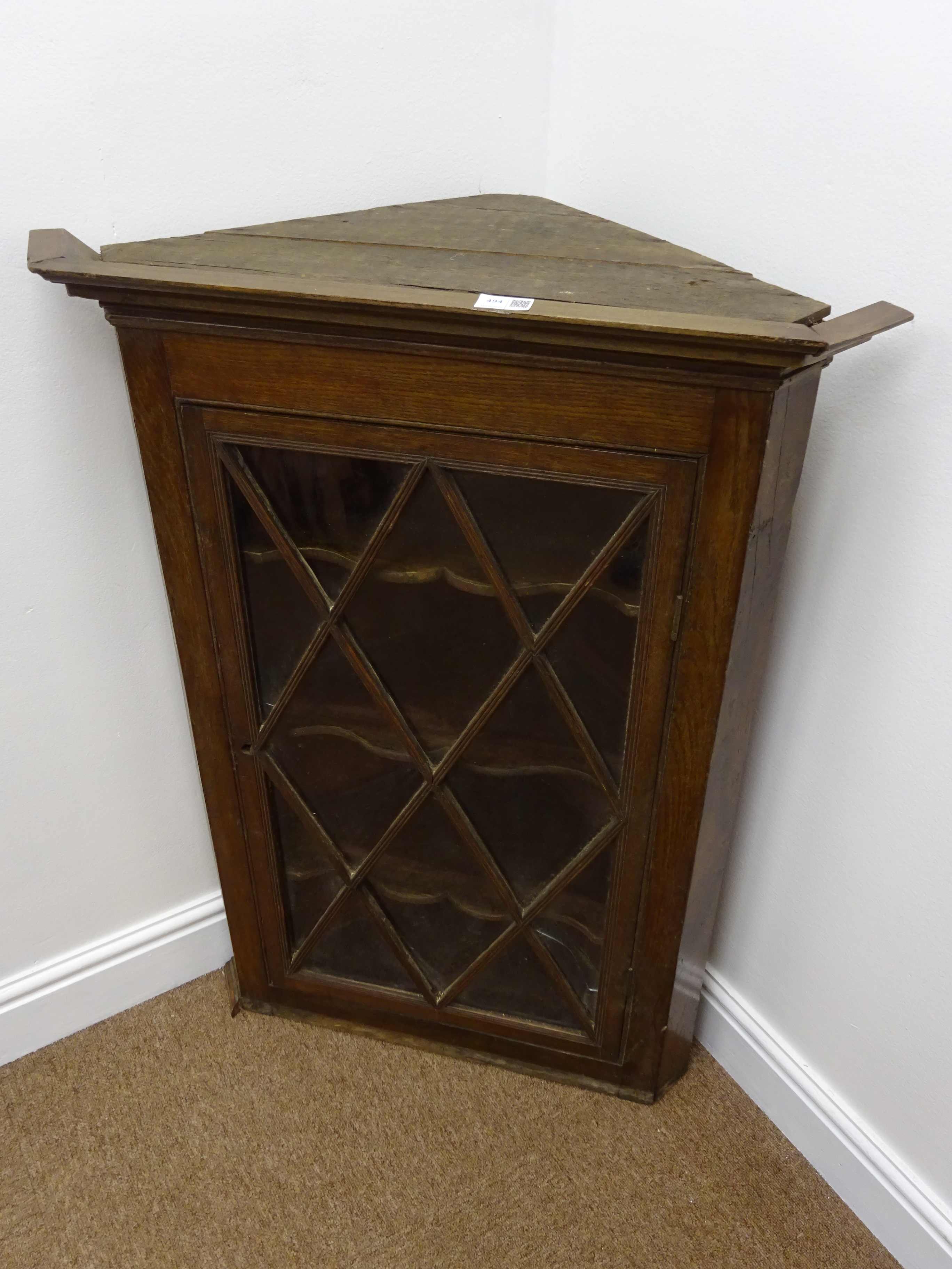 19th century oak hanging corner cupboard, projecting cornice, - Image 2 of 2