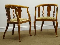 Pair early 20th century walnut tub shaped chairs, shaped splat, upholstered seat, cabriole legs,