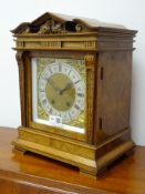 Victorian figured walnut mantle clock, architectural case with brass & silvered Roman dial,