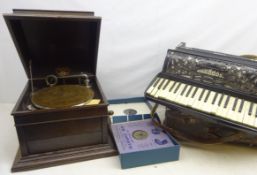 Columbia Grafonola oak cased gramophone with a collection of 78's and a Soprani Three accordion in