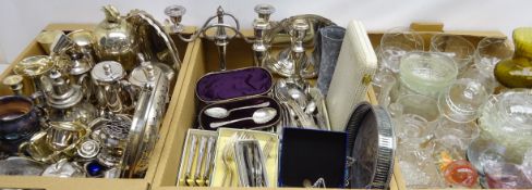 Large assortment of silver-plated ware including a Victorian egg coddler with bird finial,