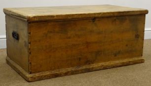 Early 20th century pine chest, hinged lid, two metal handles, W94cm, H41cm,