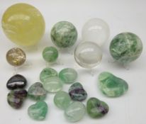 Collection of polished Quartz spheres and other Quartz in the form of Hearts & Eggs,