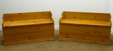 Pair solid pine seat benches, shaped sides, removable seat, platform base, W122cm, H68cm,