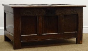 19th century panelled oak blanket box, hinged lid, stile supports, W101cm, H51cm,