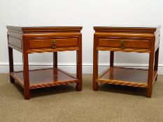 Pair Chinese rosewood lamp tables, single drawer, square supports joined by solid undertier, W51cm,