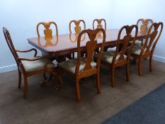 Walnut twin pedestal extending dining table (112cm x 237cm, H76cm), and eight (6+2) dining chairs,